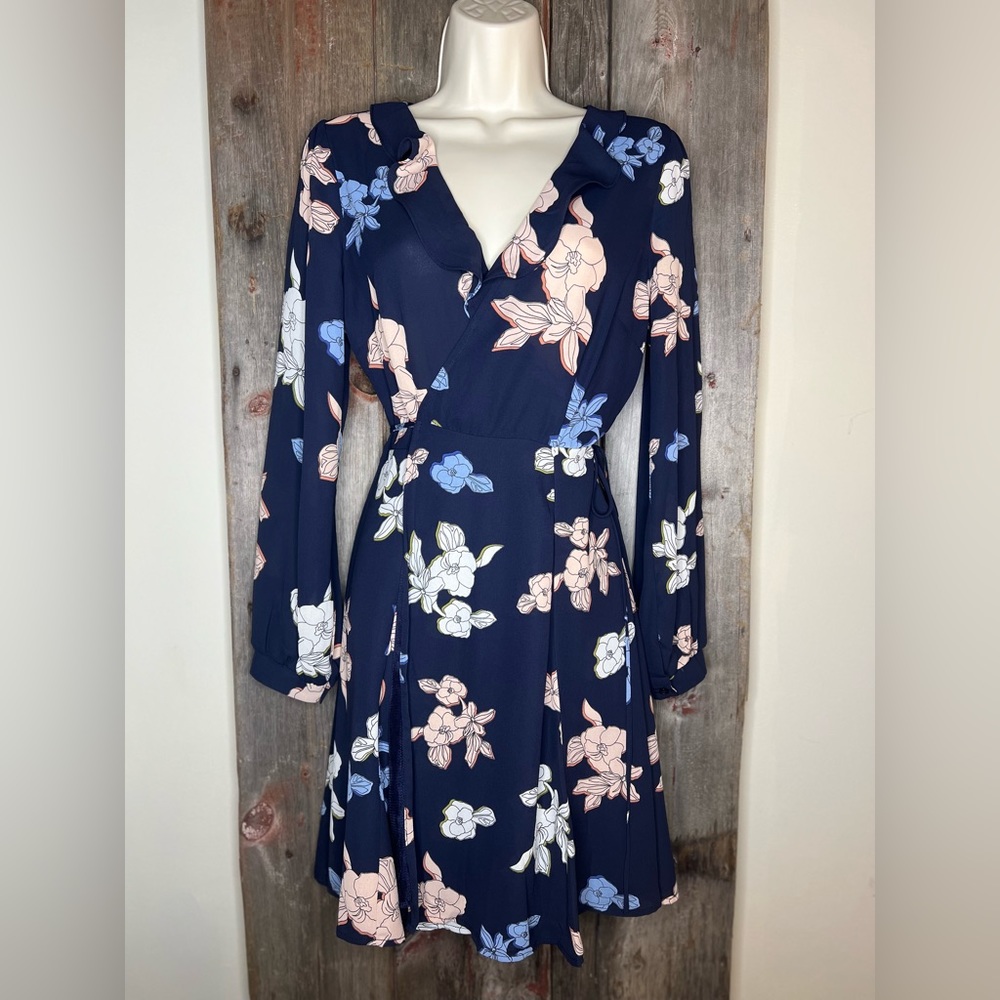 ASTR the Label Navy, Light Blue and Pink Floral Ruffle Wrap Long Sleeve small - Picture 2 of 14